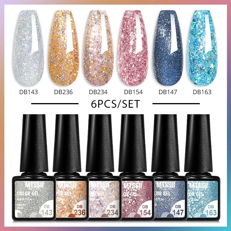 6Pcs/Set Purple Glitter Bright Gel Nail Polish Set Semi Permanent Spring Summer Colors Series Soak Off UV Nail Art Gel Varnish - Paola Center