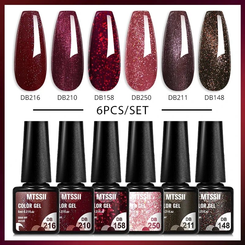 6Pcs/Set Purple Glitter Bright Gel Nail Polish Set Semi Permanent Spring Summer Colors Series Soak Off UV Nail Art Gel Varnish - Paola Center