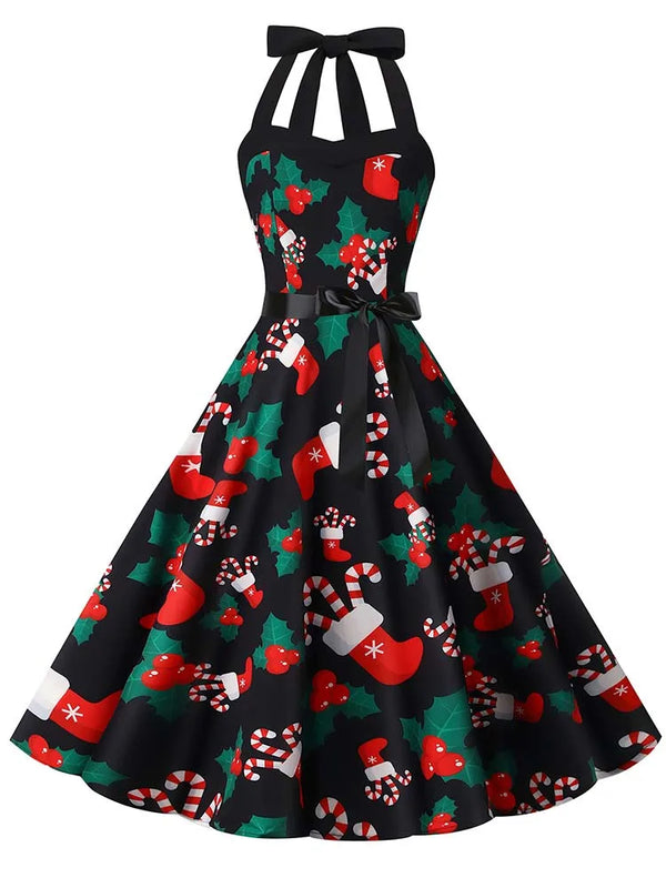 Christmas Dress Vestidos  Women Sexy Halter Vintage Casual Floral Print Pin Up Retro Rockabilly Swing Party Sundress