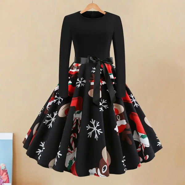 Christmas Dress Holiday Party Dress Cartoon Santa Claus Print Women's Christmas A-line Dress for New Year Party Evening Prom