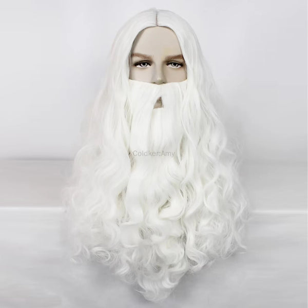 1 Beard+White Curly Synthetic Santa Claus Cosplay Wig for Halloween Christmas School Thanksgiving Day Party Wig