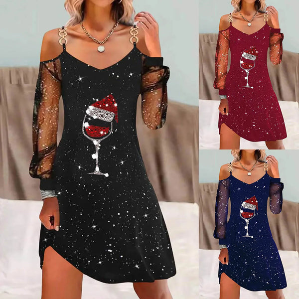 Women Classic Festival Style Dresses Christmas Gifts 2024 Wine Glass Patchwork Mesh Long Sleeved Dress Daily Popular Vestidos