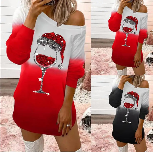 2021wish Fast Selling European And American Style Cotton Women's Pullover Christmas Dress With Gradient Printing And Red Colorin