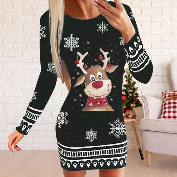 Vintage Elegant Christmas Dress Women Long Sleeve Reindeer Letter Print Party Dress Xmas New Year Ladies Bodycon Mini Dresses