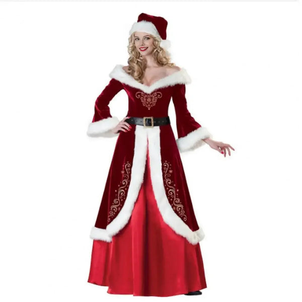 Women Christmas Dress Holiday Performance Dress Festive Santa Cosplay Dress with Off Shoulder Design Retro Yoyal for Christmas