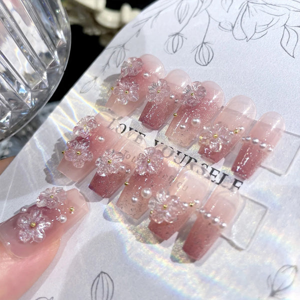 Nude Pink Ballerina Press-On Nails – 3D Flower & Pearl Design for a Chic DIY Manicure