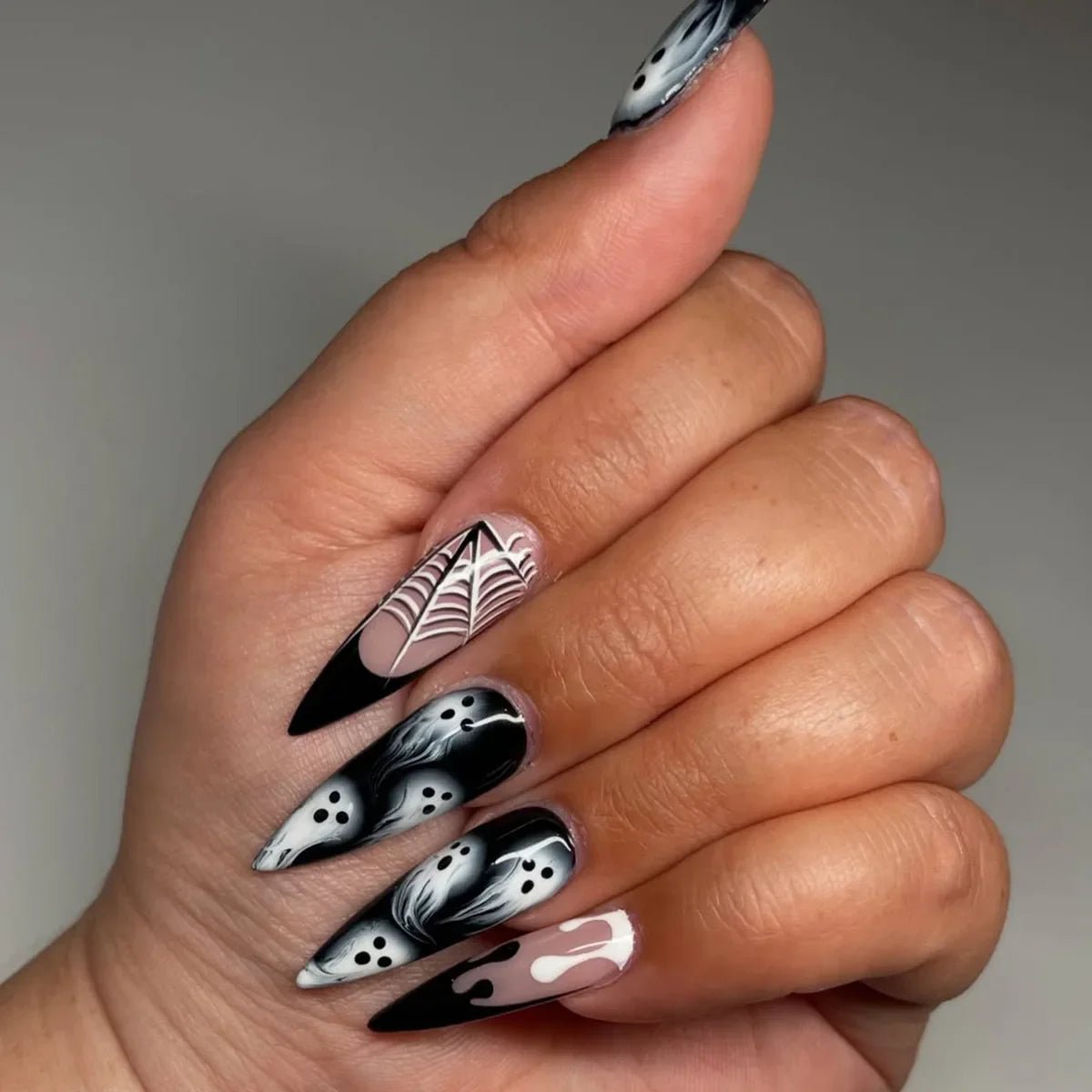 Black Gothic Fake Nail Tips Halloween Ghost Spider Wed Print Press on Nail Wearable Detachable Long Almond False Nails - Paola Center