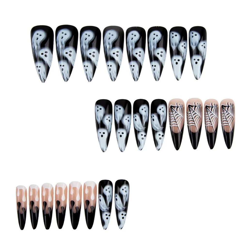 Black Gothic Fake Nail Tips Halloween Ghost Spider Wed Print Press on Nail Wearable Detachable Long Almond False Nails - Paola Center
