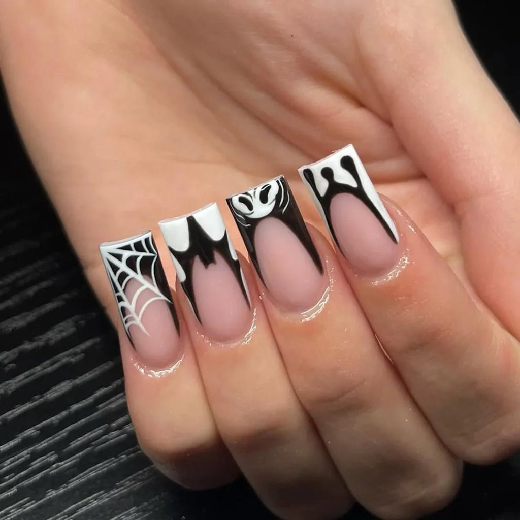 Black Gothic Fake Nail Tips Halloween Ghost Spider Wed Print Press on Nail Wearable Detachable Long Almond False Nails - Paola Center