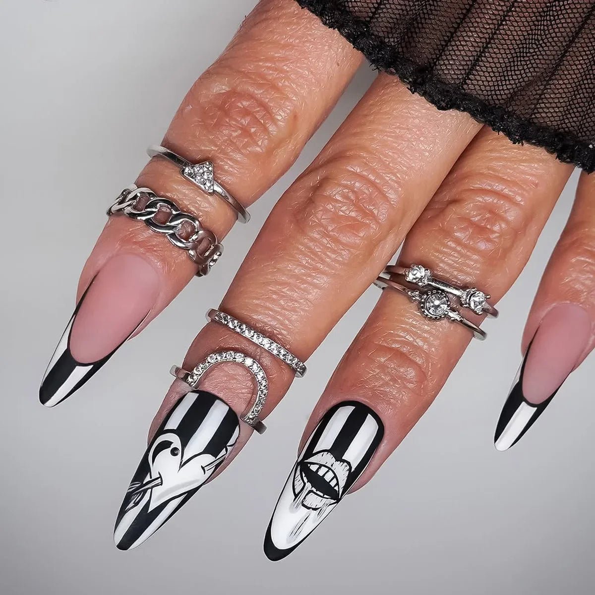 Black Gothic Fake Nail Tips Halloween Ghost Spider Wed Print Press on Nail Wearable Detachable Long Almond False Nails - Paola Center