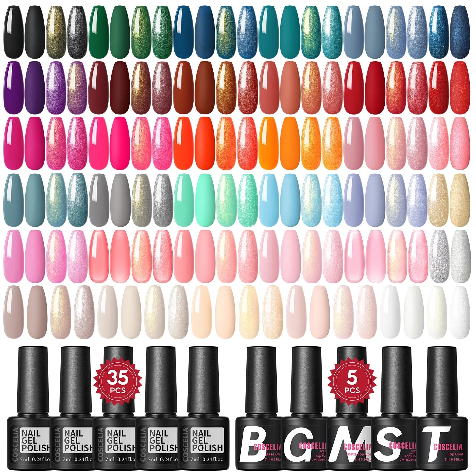 Luxury nails collection featuring 35 vibrant gel polish colors and 5 nail art supplies for Hailey Bieber nails
