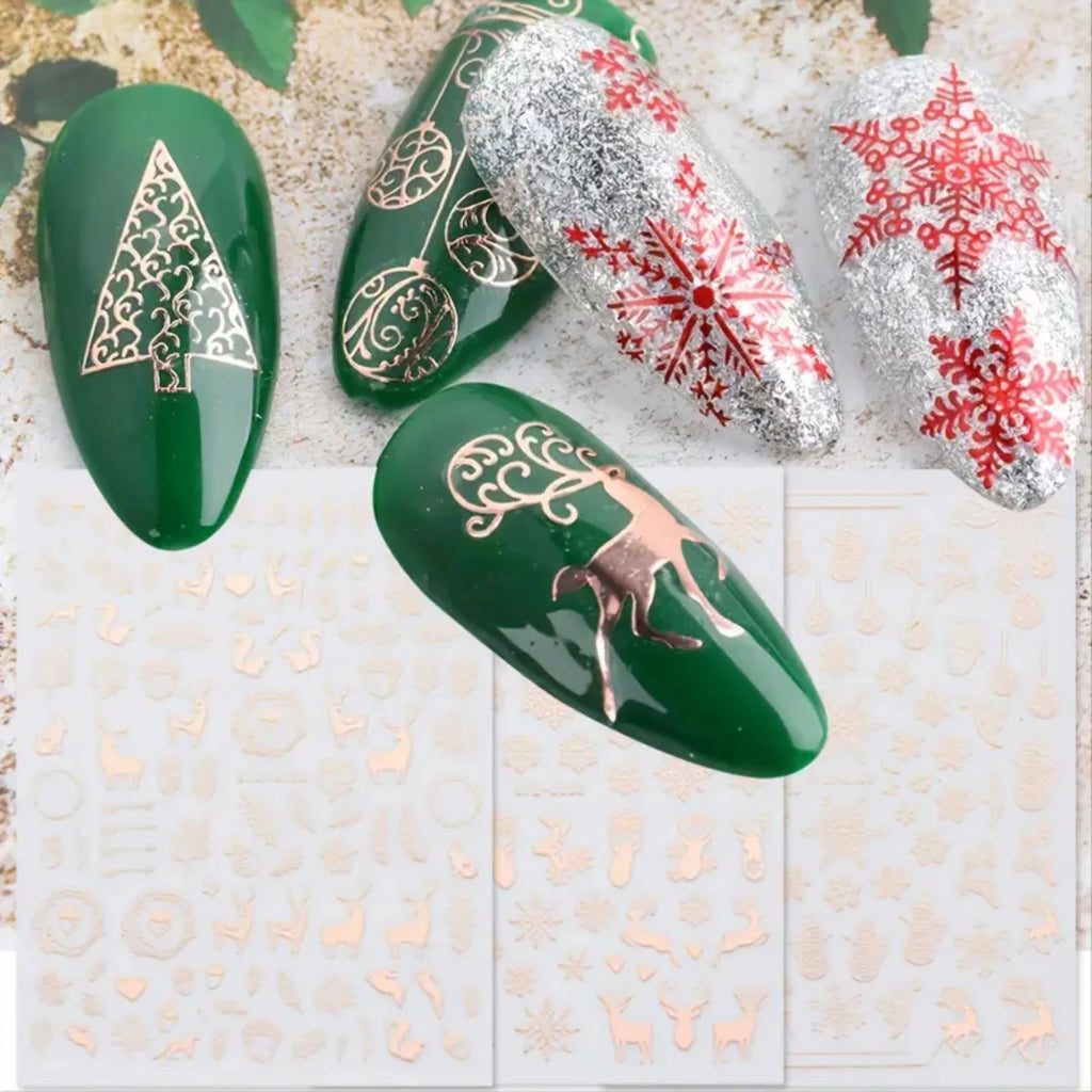 Festive Christmas Self - Adhesive Nail Decal Stickers with Snowflake, Snowman, Santa Claus, Tree, Rose - Golden Winter Nail Art De - Paola Center
