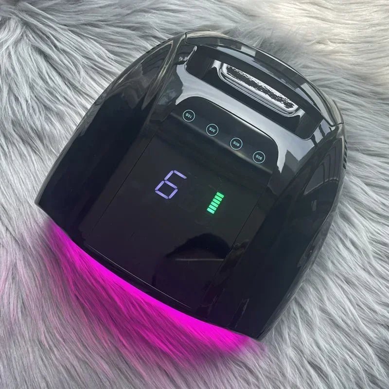 Paola Center black Gel Polish Dryer UV Light with digital display and purple curing light on fur background