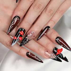 Halloween 3D Red Mushroom Press On Nails | Black Medium Long Stiletto Fake Nails | Reusable Nail Art - Paola Center