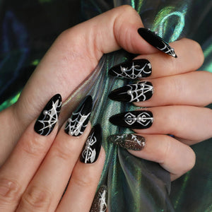 Halloween Black Spider Web Press On Nails | Almond Shape Fake Nails | Spooky Nail Art Tips - Paola Center