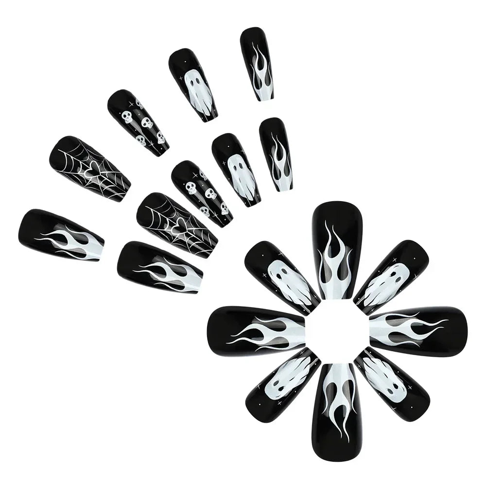 Halloween Press on Nail Medium - length False Nails White Ghost Skull Head Fingernails Fake Holiday Prosthetic Nail Set - Paola Center