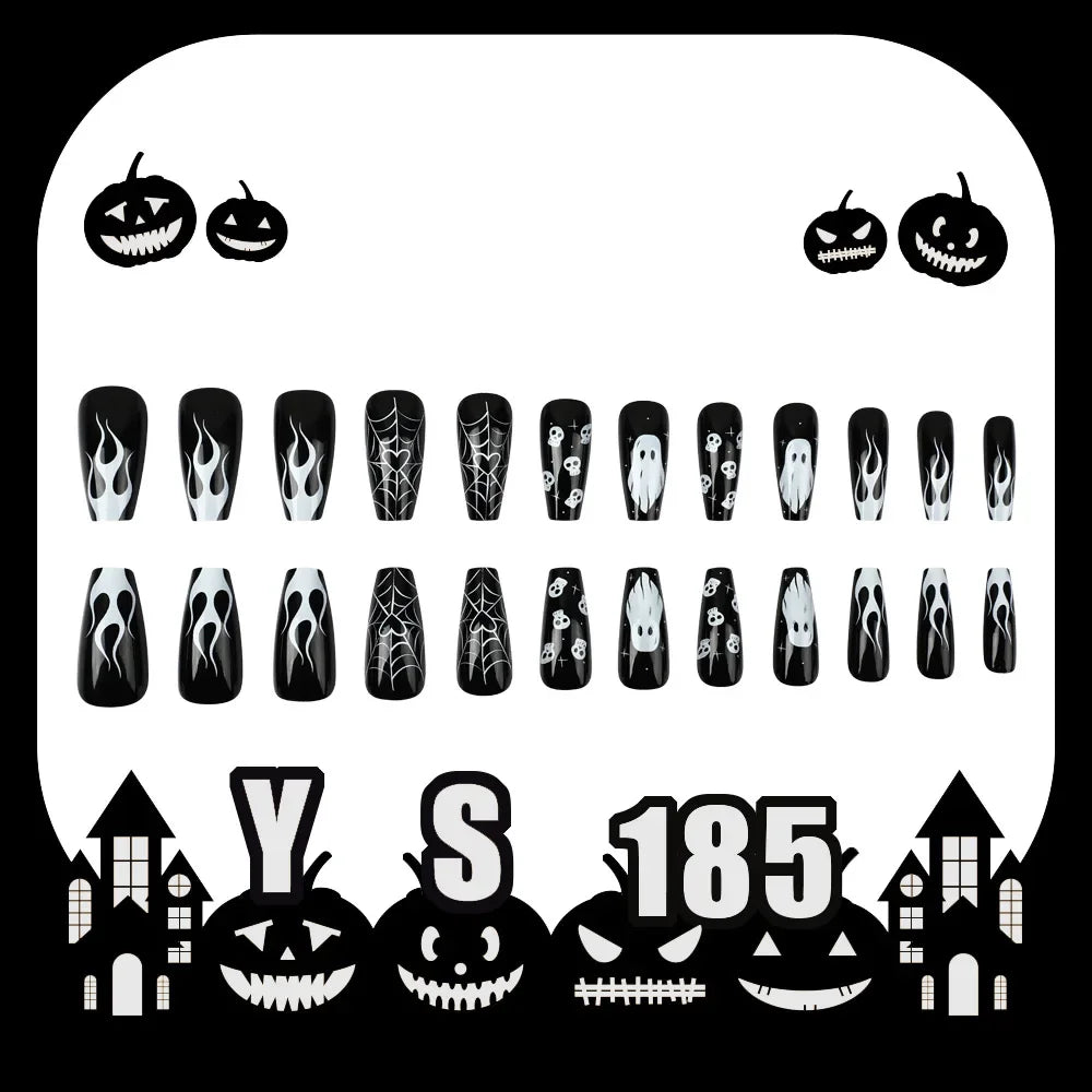 Halloween Press on Nail Medium - length False Nails White Ghost Skull Head Fingernails Fake Holiday Prosthetic Nail Set - Paola Center