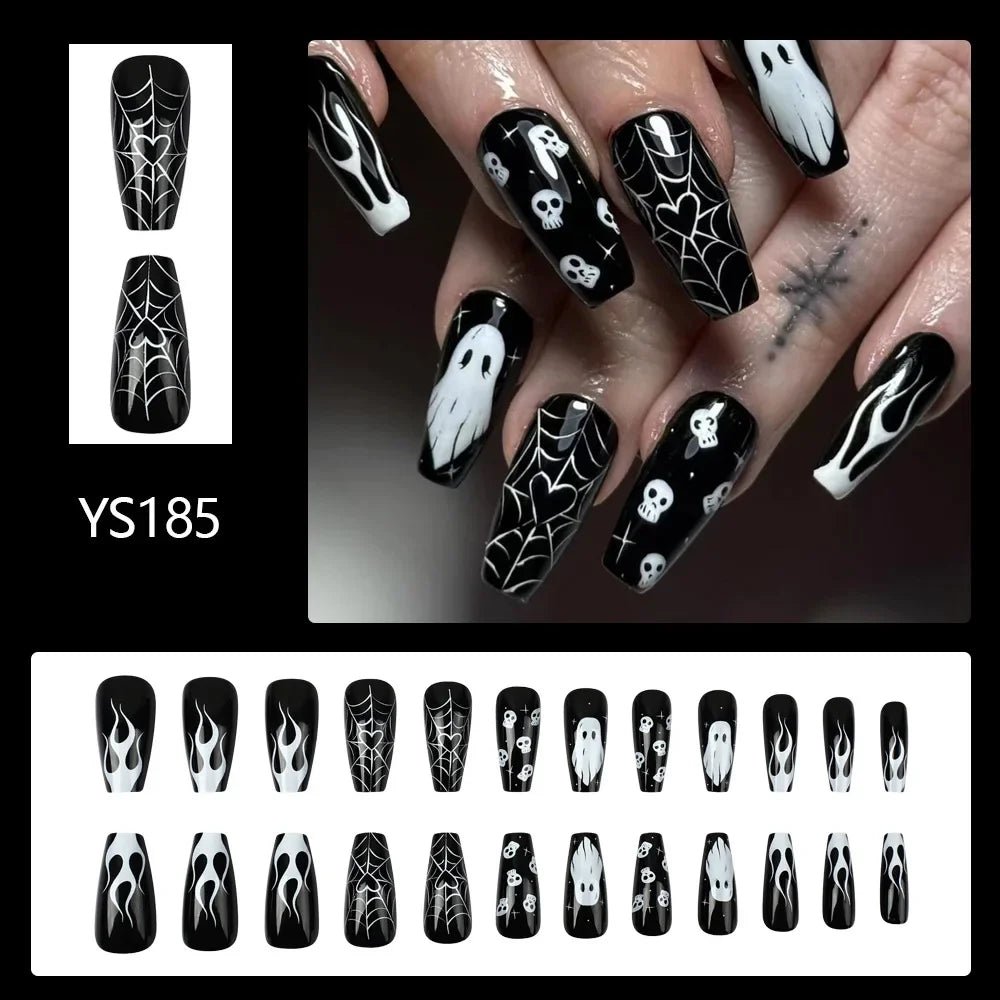 Halloween Press on Nail Medium - length False Nails White Ghost Skull Head Fingernails Fake Holiday Prosthetic Nail Set - Paola Center