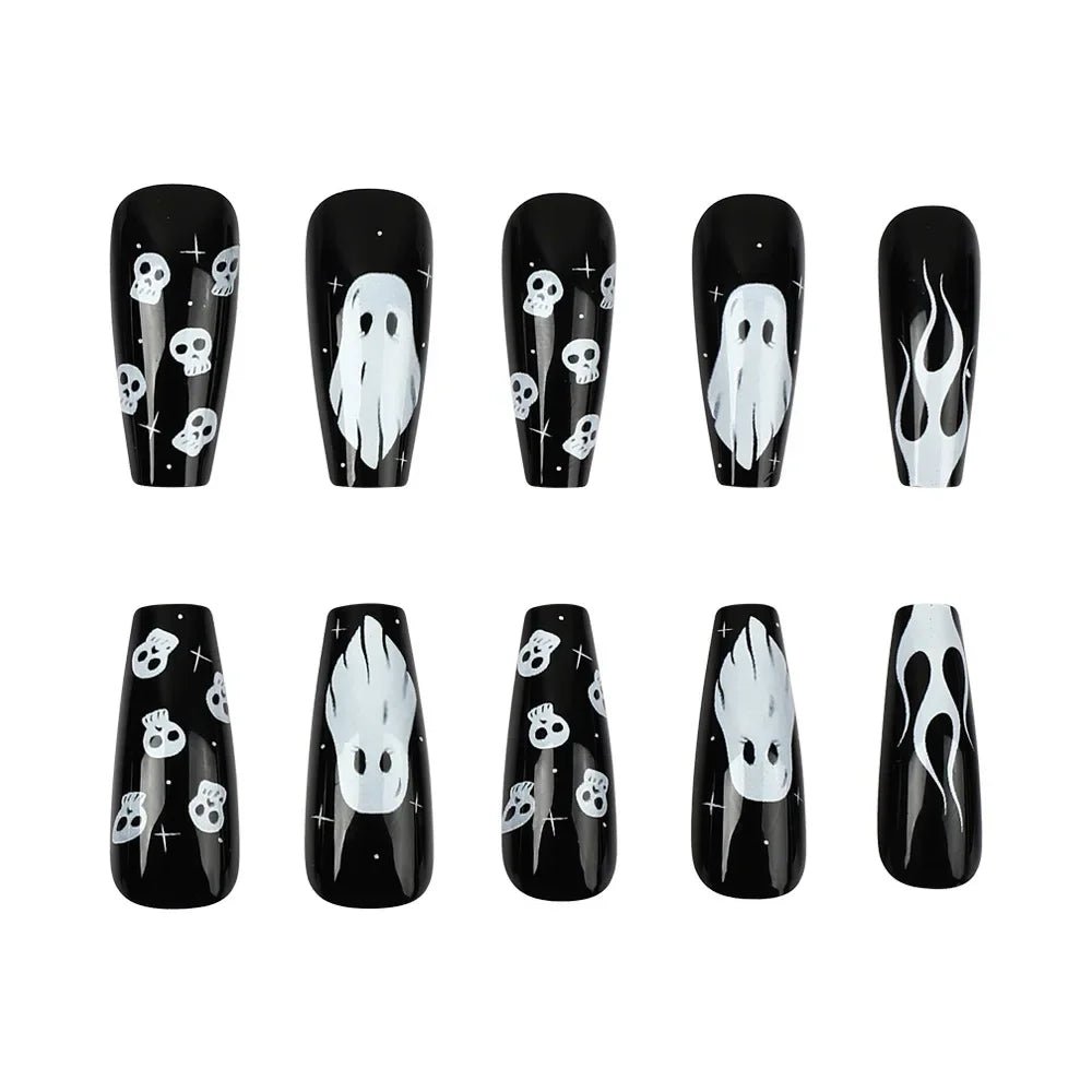 Halloween Press on Nail Medium - length False Nails White Ghost Skull Head Fingernails Fake Holiday Prosthetic Nail Set - Paola Center