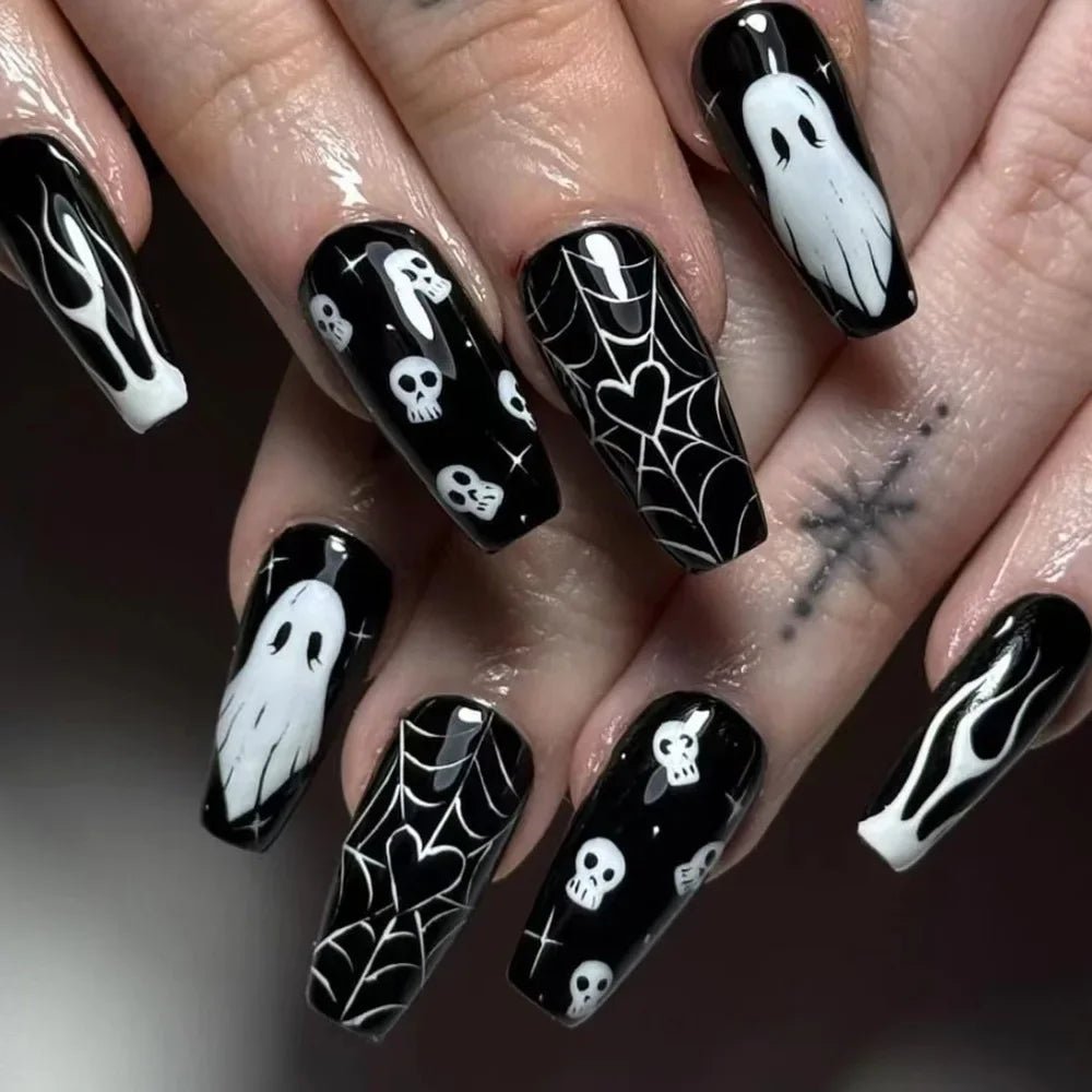 Halloween Press on Nail Medium - length False Nails White Ghost Skull Head Fingernails Fake Holiday Prosthetic Nail Set - Paola Center