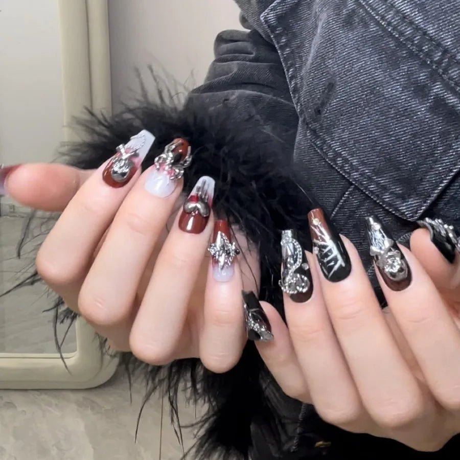 Halloween Press on Nails Goth Gradient False Nails Handmade Press on Nails Terror 3D Spider Sugar Skull and Heart Designs Mediu - Paola Center