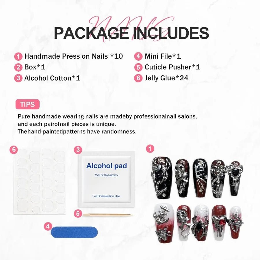 Halloween Press on Nails Goth Gradient False Nails Handmade Press on Nails Terror 3D Spider Sugar Skull and Heart Designs Mediu - Paola Center