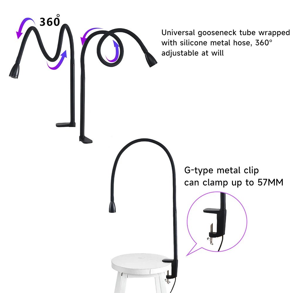 Adjustable gooseneck lamp with metal clip, perfect for showcasing luxury nails and fancy nails