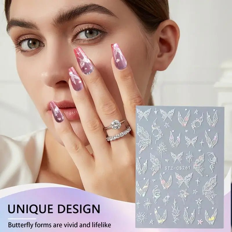 Luxury nails inspired by Hailey Bieber with nail art supplies featuring unique butterfly designs