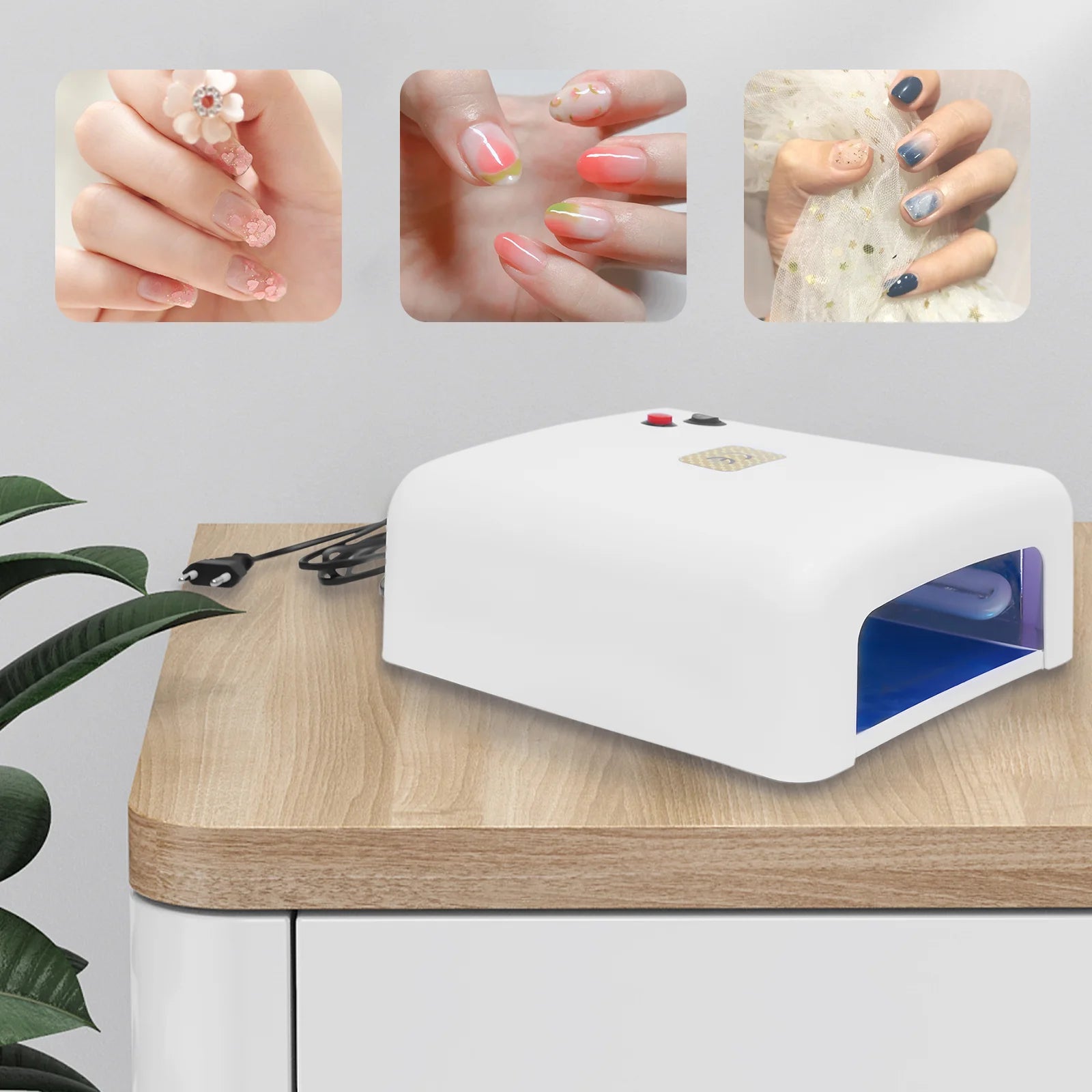 Luxury nails drying lamp for Hailey Bieber nails and nail art supplies on a wooden table