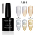 Paola Center Cat Eye Gel Nail Polish bottle with six glittery color samples showing indoor and outdoor effects