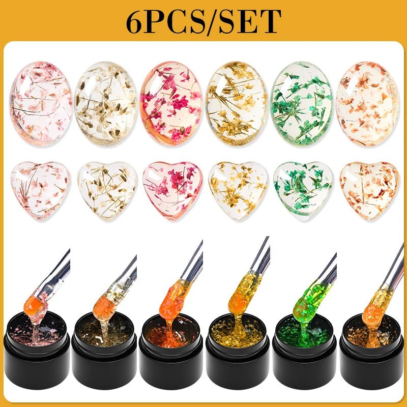 MEET ACROSS 6Pcs//Set Dried Flower Gel Nail Polish Natural Flower Fairy Gel Nail Art Painting Varnishes Summer Varnish For Nail - Paola Center