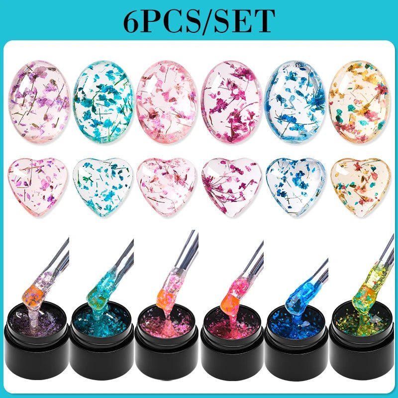 MEET ACROSS 6Pcs//Set Dried Flower Gel Nail Polish Natural Flower Fairy Gel Nail Art Painting Varnishes Summer Varnish For Nail - Paola Center