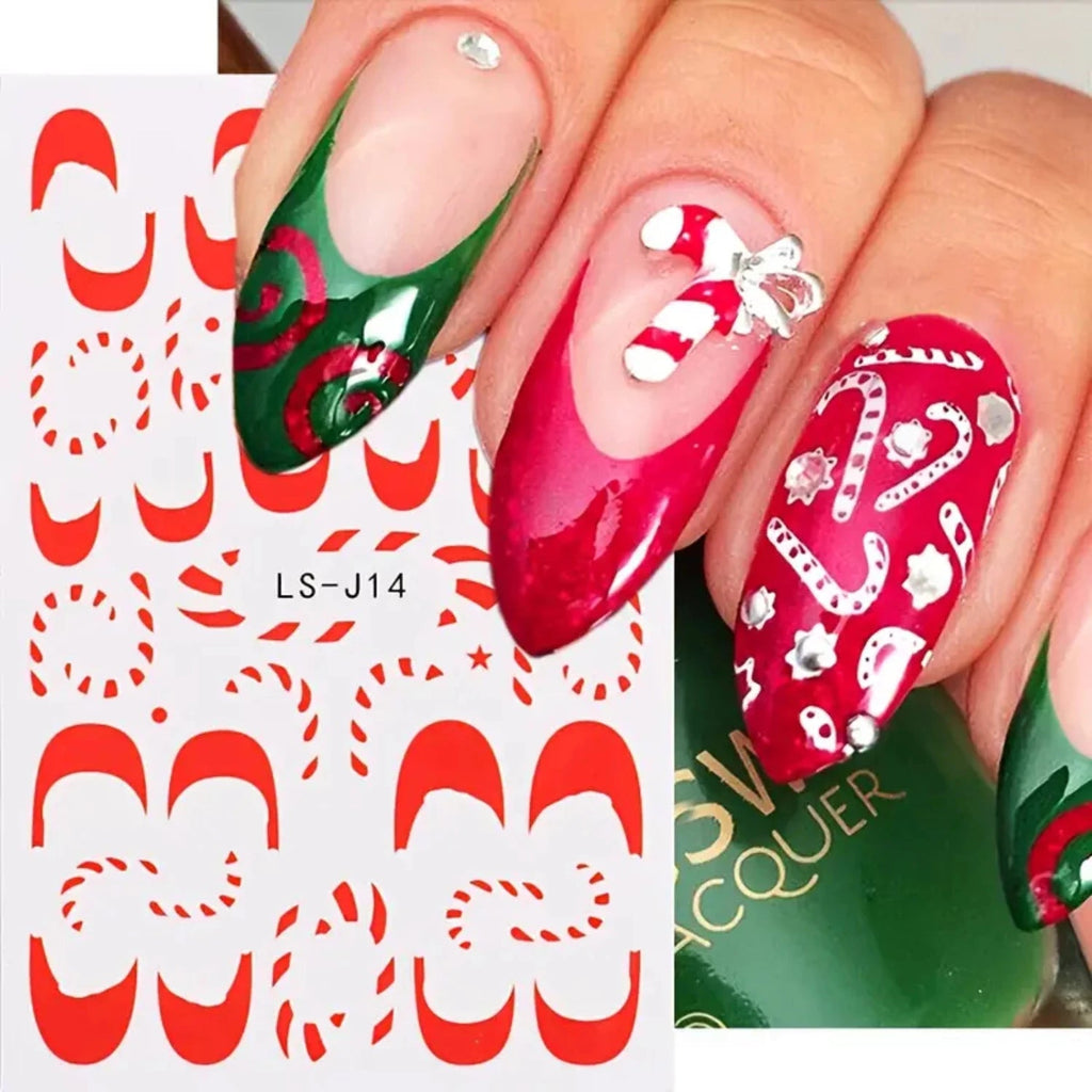 Festive nail art featuring candy cane designs and shiny accents with nail art supplies from Paola Center