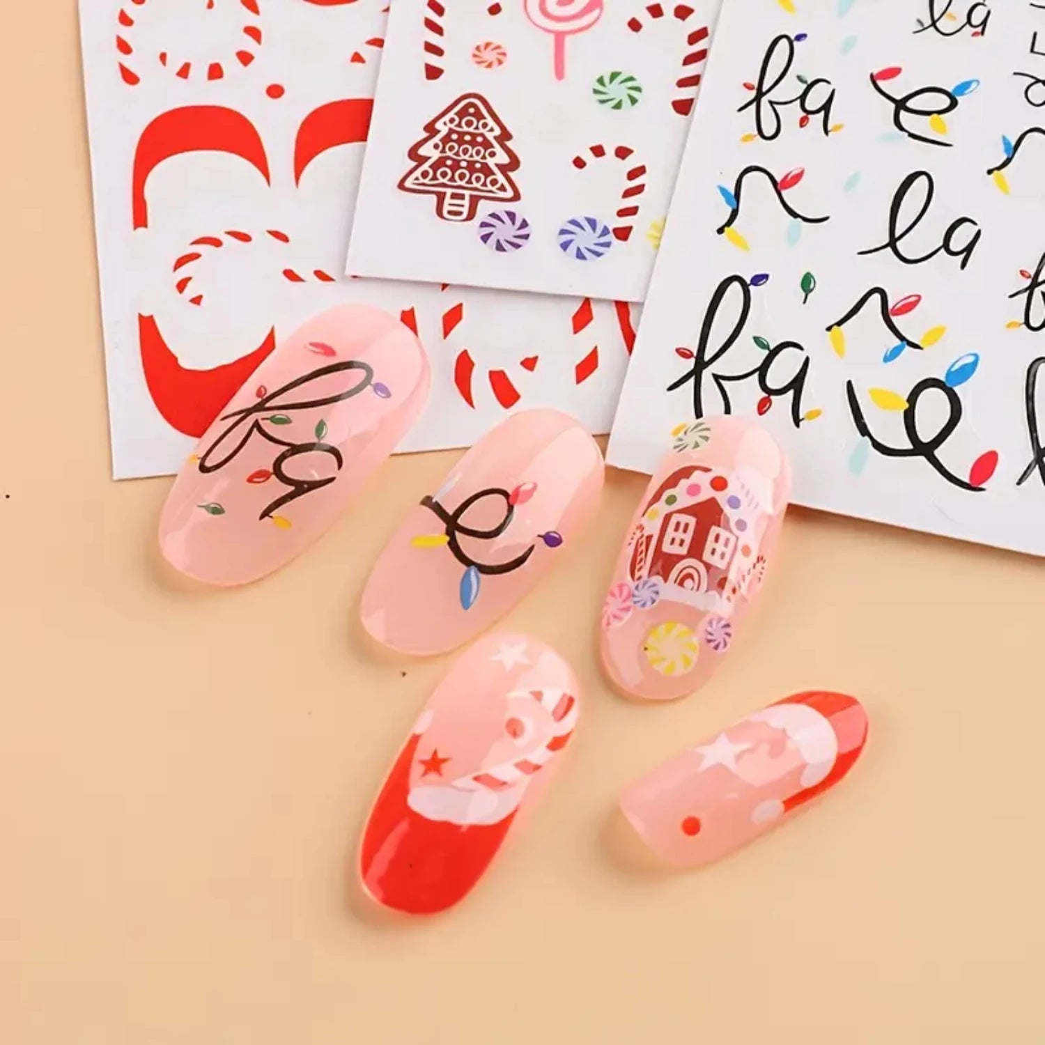 Colorful nail art supplies featuring festive designs and vibrant nail tips for creative nail decoration