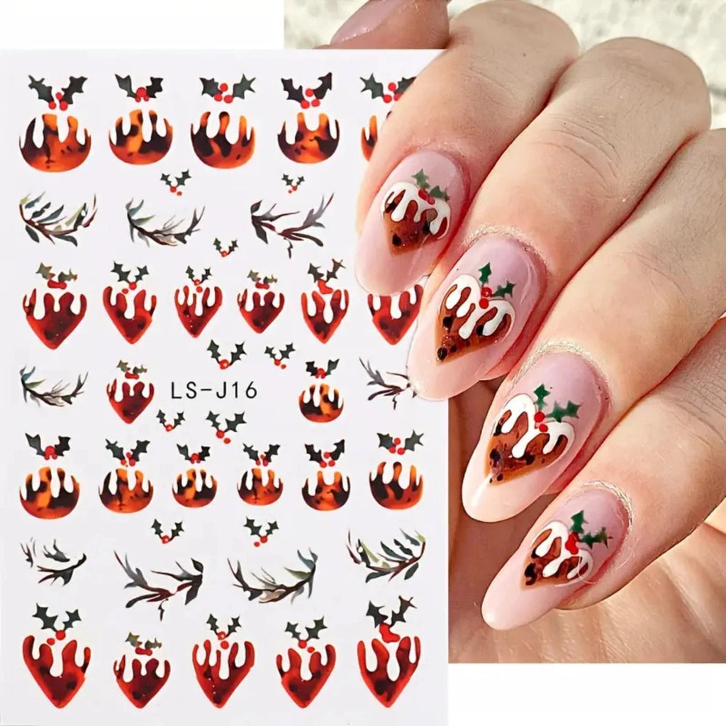 Nail art supplies featuring festive red and green holiday designs on elegant nails