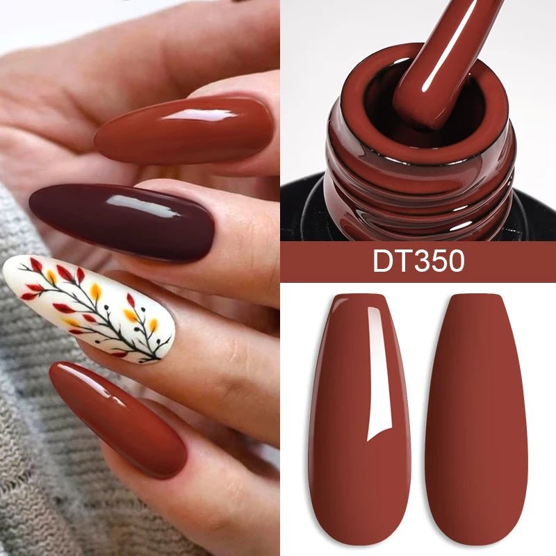 Luxury nails featuring Hailey Bieber nails in rich brown shades with nail art supplies and floral design