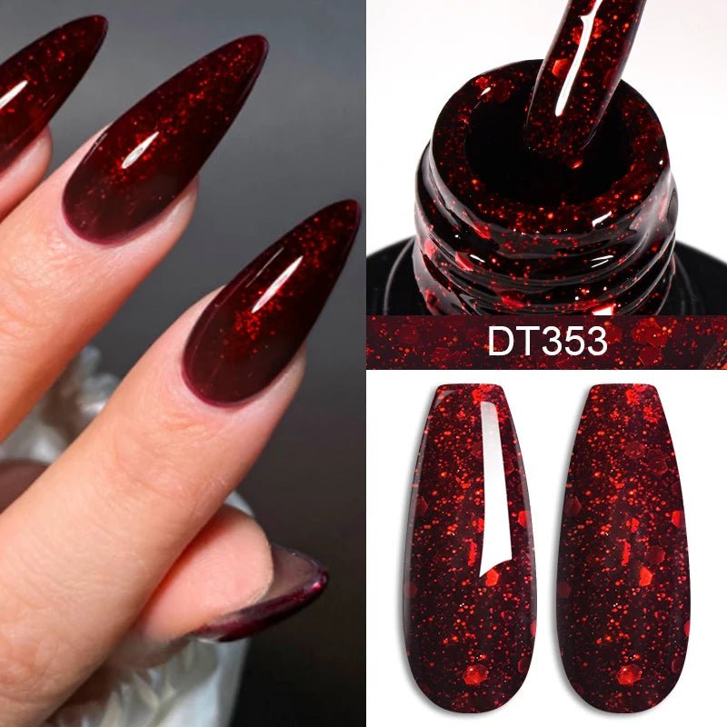 Luxury nails with deep red glitter in Hailey Bieber nails style featuring nail art supplies for stunning designs