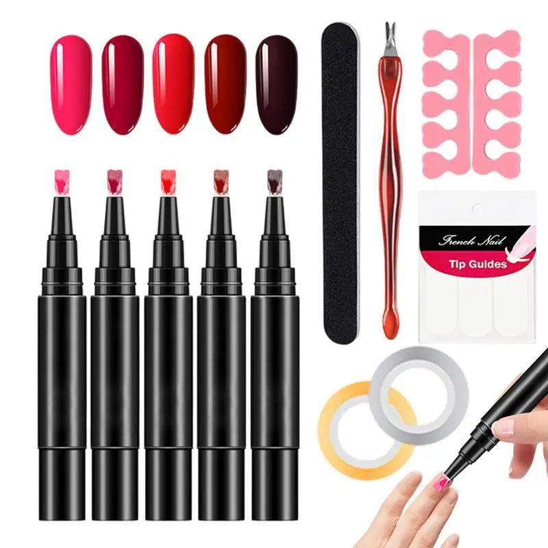 Nail Gel Pen Set 5pcs Nail Polish Pens Gel Polish Kit Gel Base Top Coat Quick - Drying Nail Polish Nail Pen For Manicure tool - Paola Center
