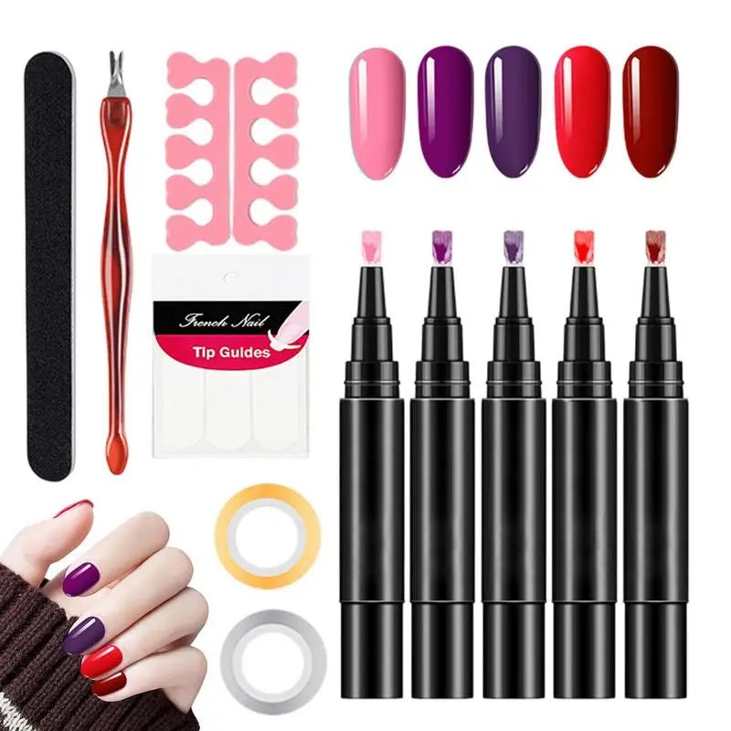 Nail Gel Pen Set 5pcs Nail Polish Pens Gel Polish Kit Gel Base Top Coat Quick - Drying Nail Polish Nail Pen For Manicure tool - Paola Center