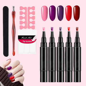 Nail Gel Pen Set 5pcs Nail Polish Pens Gel Polish Kit Gel Base Top Coat Quick - Drying Nail Polish Nail Pen For Manicure tool - Paola Center