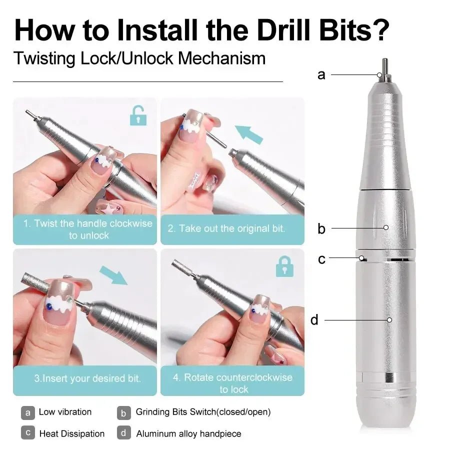 Professional 45000RPM Electric Portable Nail Drill Machine Rechargeable Low Noise Nail Sander File for Manicure Salon Tool - Paola Center
