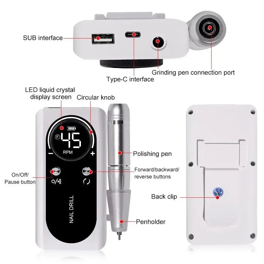 Professional 45000RPM Electric Portable Nail Drill Machine Rechargeable Low Noise Nail Sander File for Manicure Salon Tool - Paola Center