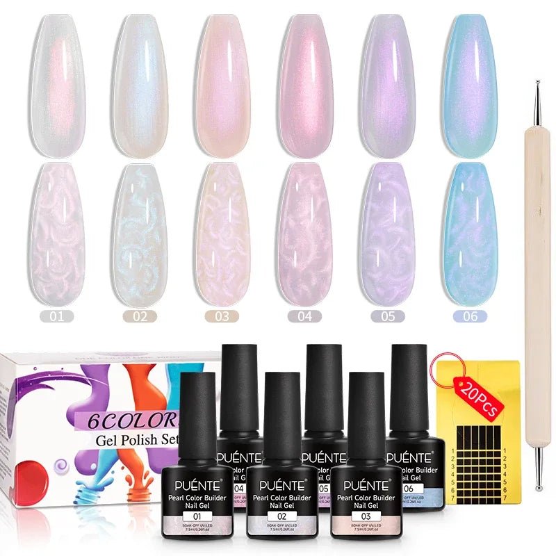 PUENTE 6Pcs Aurora Shell Thread Cat Magnetic Gel Polish Set With Magnet Glitter Pearl Cat Eye Gel Soak Off Nail Art Varnish Kit - Paola Center