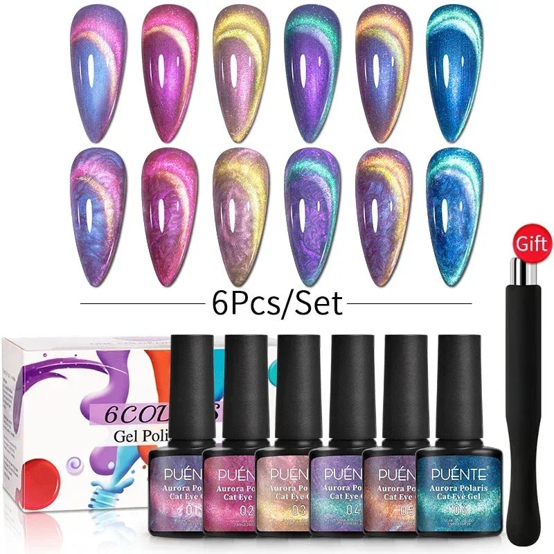 PUENTE 6Pcs Aurora Shell Thread Cat Magnetic Gel Polish Set With Magnet Glitter Pearl Cat Eye Gel Soak Off Nail Art Varnish Kit - Paola Center