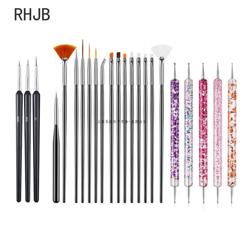 Set of nail art brushes and flat liner nail pen for home salon with various brush shapes and dotting tools