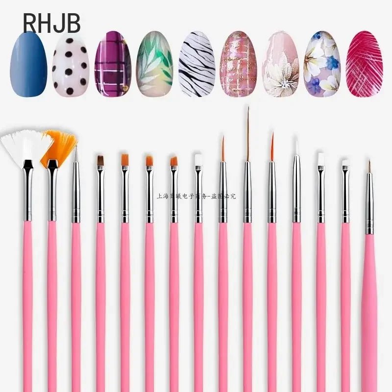 Flat liner nail pen for home salon set with multiple pink-handled nail art brushes and sample designs