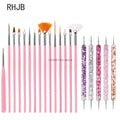 Flat liner nail pen for home salon set with 14 pink handle brushes and 5 glitter dotting tools