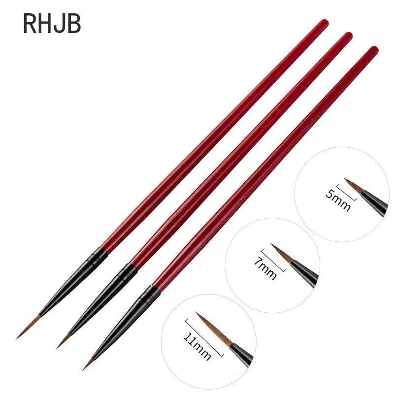 Flat liner nail pen for home salon set with three red-handled brushes in 5mm 7mm and 11mm sizes