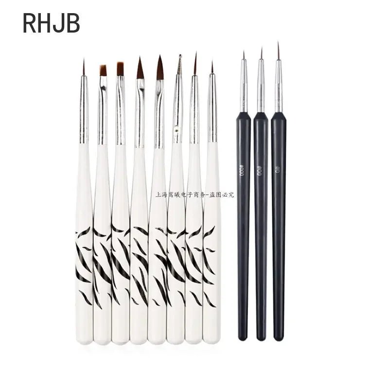 Flat liner nail pen for home salon set with white and black handles in various brush tip shapes