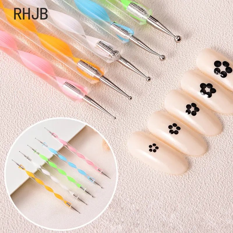 Colorful dotting tools and nail art designs showcasing nail art supplies for creative manicures